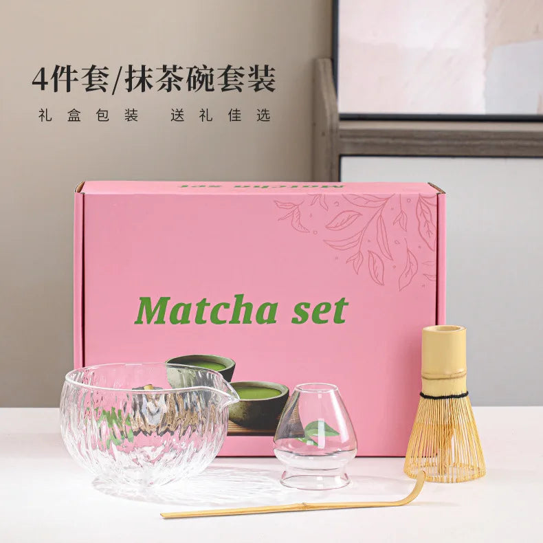 Matcha set 4pc glass kit with bamboo whisk, scoop, sifter and holder by Perfecsy beside pink box on Tampa Home & Garden Store