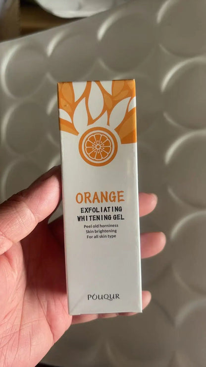 Orange exfoliating whitening gel box with citrus slice graphic packaging POUQUR on Tampa Home & Garden Store