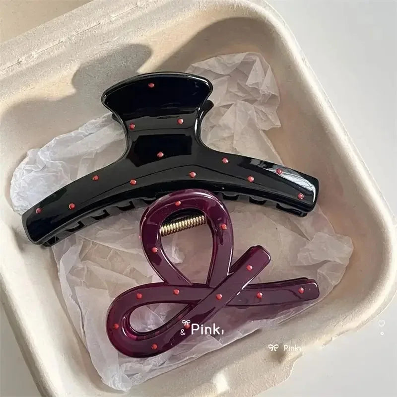 2Pcs set black shark-clamp hair clip with red dots and burgundy bow hair clip with red dots on Tampa Home & Garden Store