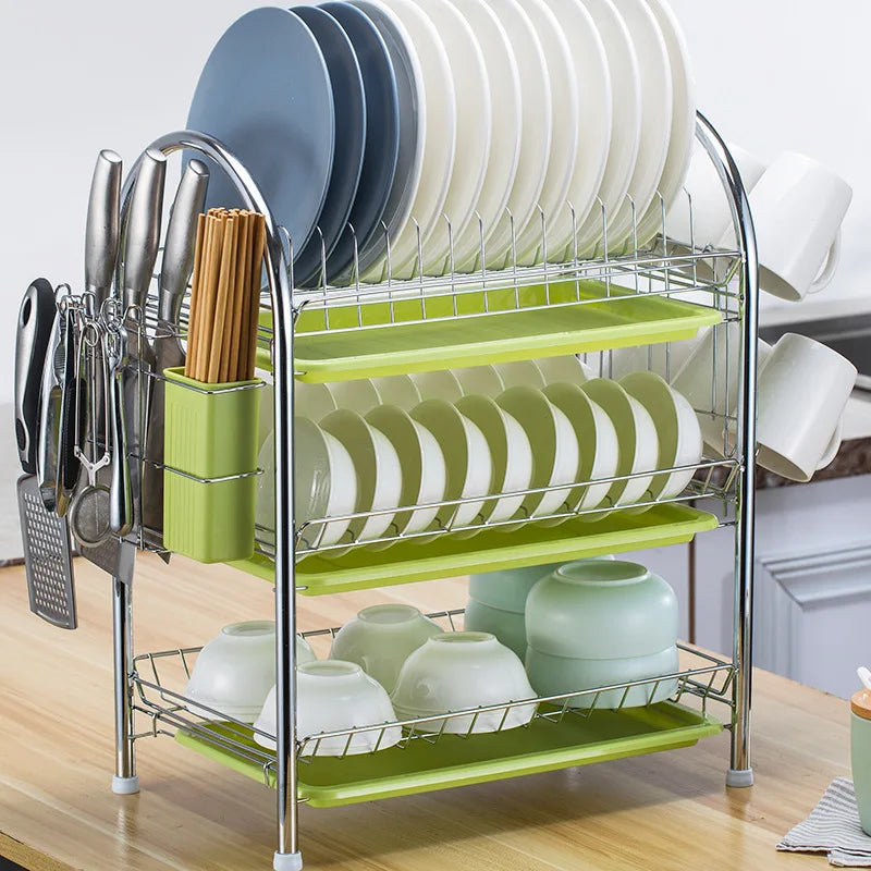 3-Tier Kitchen Drying Rack & Dish Organizer Shelf with Drain Board
