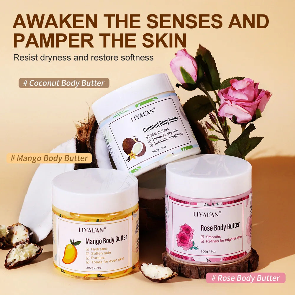 LIYALAN Mango, Coconut, and Rose Body Butter trio; hydrating, smoothing skin care on Tampa Home & Garden Store