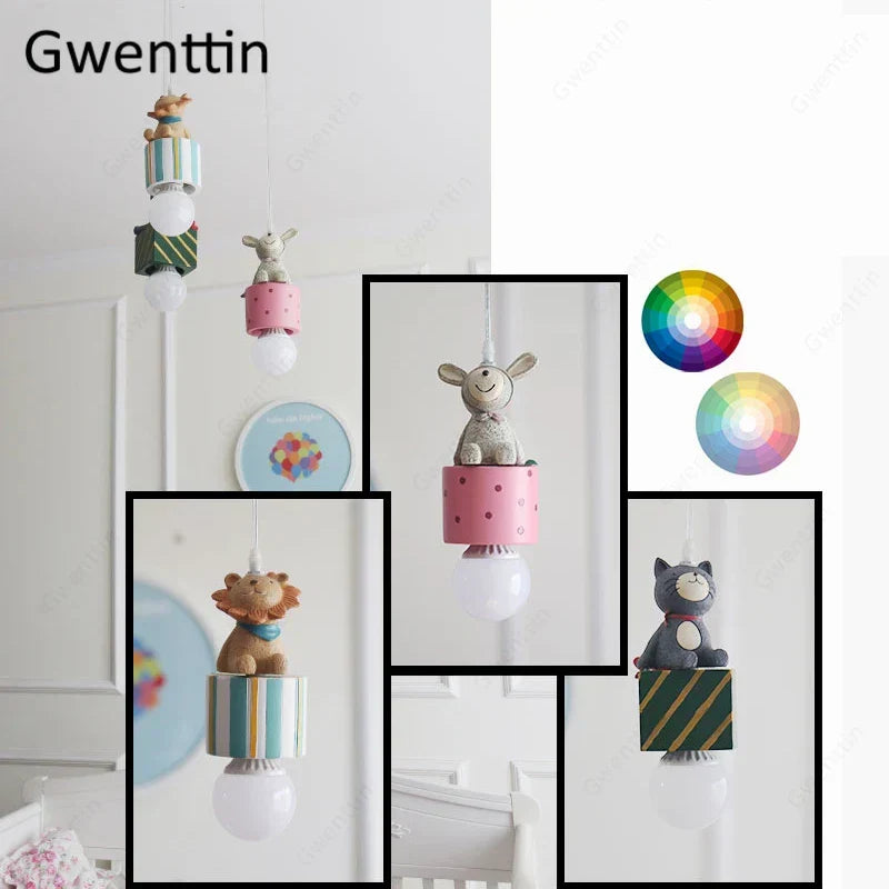 DecorBites Kids Animal Pendant Lamp 4-pack with rabbit, lion, cat figures LED light on Tampa Home & Garden Store
