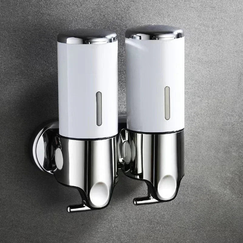 Wall mounted shampoo and soap dispenser pair UpTrend Deals chrome bottom white 2-tube reservoirs on Tampa Home & Garden Store