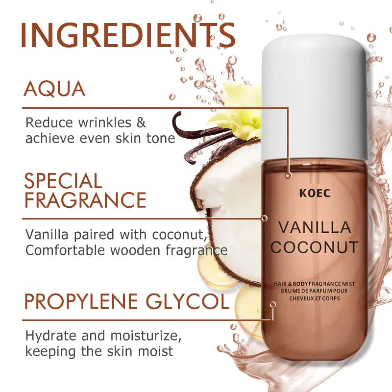 KOEC Vanilla & Coconut fragrance mist bottle, propylene glycol on Tampa Home & Garden Store