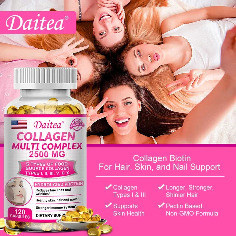Daitea collagen multicomplex bottle with capsules beside smiling women on a pink backdrop on Tampa Home & Garden Store