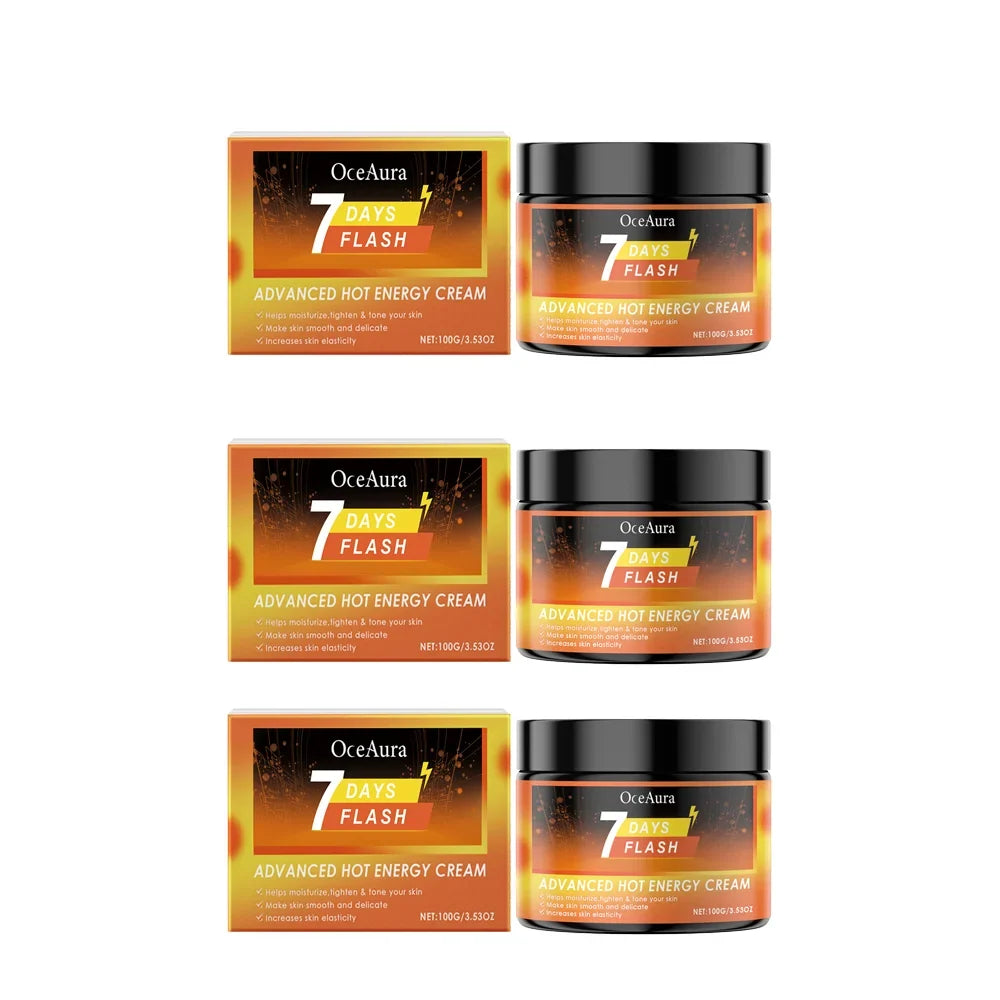 OceAura Advanced Hot Energy Cream 7 Days Flash set, 3 orange box-and-jar sets with black lids on Tampa Home & Garden Store