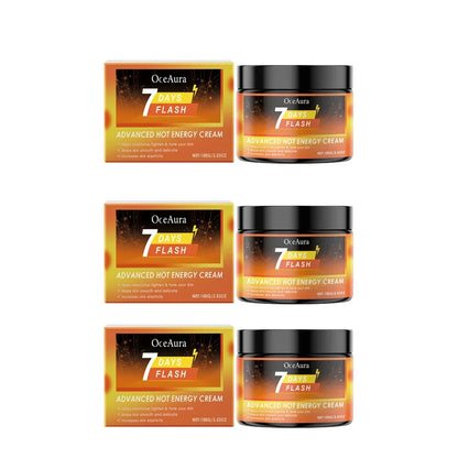 OceAura Advanced Hot Energy Cream 7 Days Flash set, 3 orange box-and-jar sets with black lids on Tampa Home & Garden Store