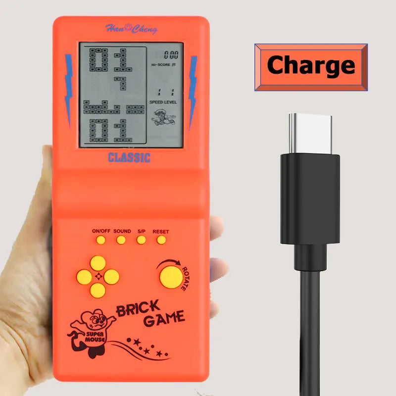 Rechargeable red pocket brick game console with yellow buttons and classic LCD screen, Type-C charging on Tampa Home & Garden Store