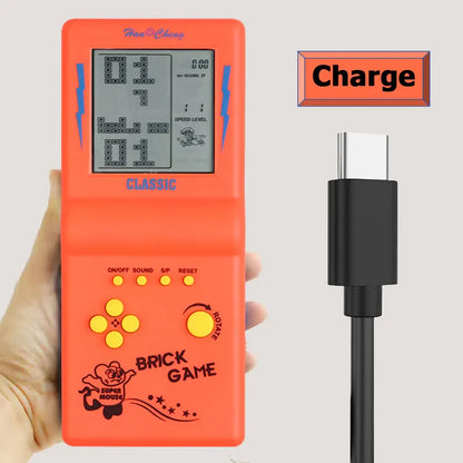 Rechargeable red pocket brick game console with yellow buttons and classic LCD screen, Type-C charging on Tampa Home & Garden Store