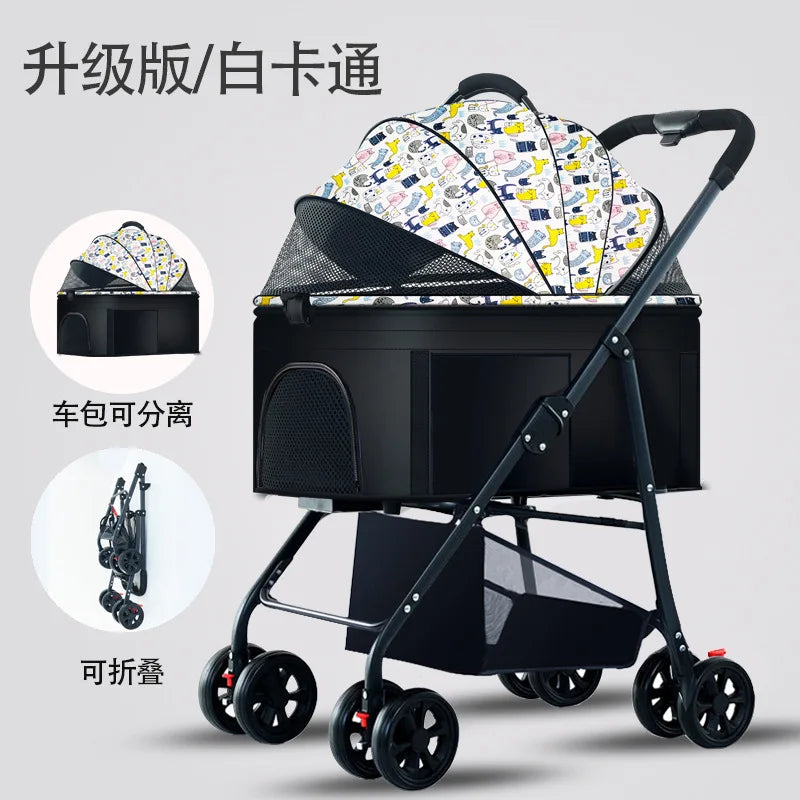 Pet Zen 3-in-1 dog stroller with removable carrier, black frame and colorful canopy on Tampa Home & Garden Store