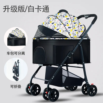 Pet Zen 3-in-1 dog stroller with removable carrier, black frame and colorful canopy on Tampa Home & Garden Store