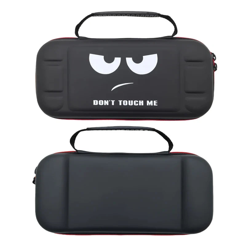 Dark gray hard storage case for Nintendo Switch 2 with 'Don't touch me' graphic and handles on Tampa Home & Garden Store