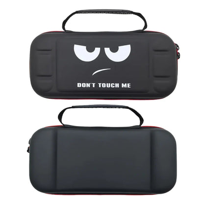 Dark gray hard storage case for Nintendo Switch 2 with 'Don't touch me' graphic and handles on Tampa Home & Garden Store