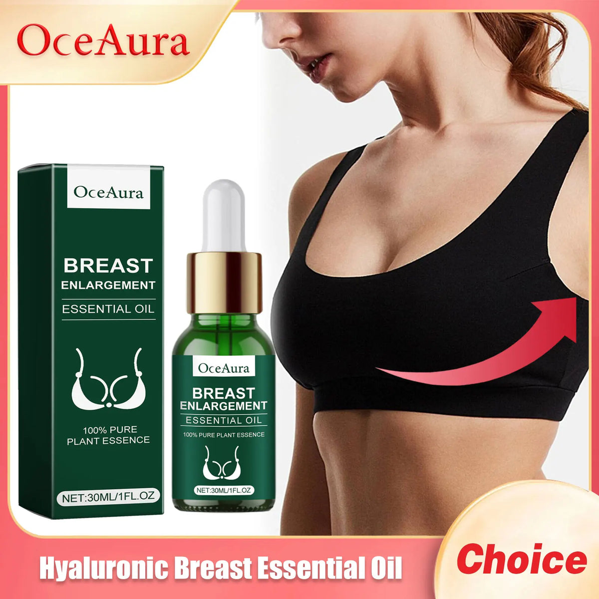 OceAura Breast Enlargement Essential Oil kit with green box and bottle beside black bra on Tampa Home & Garden Store