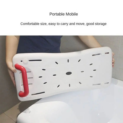 Adjustable bathtub shower board with red curved handle and non-slip surface over tub on Tampa Home & Garden Store