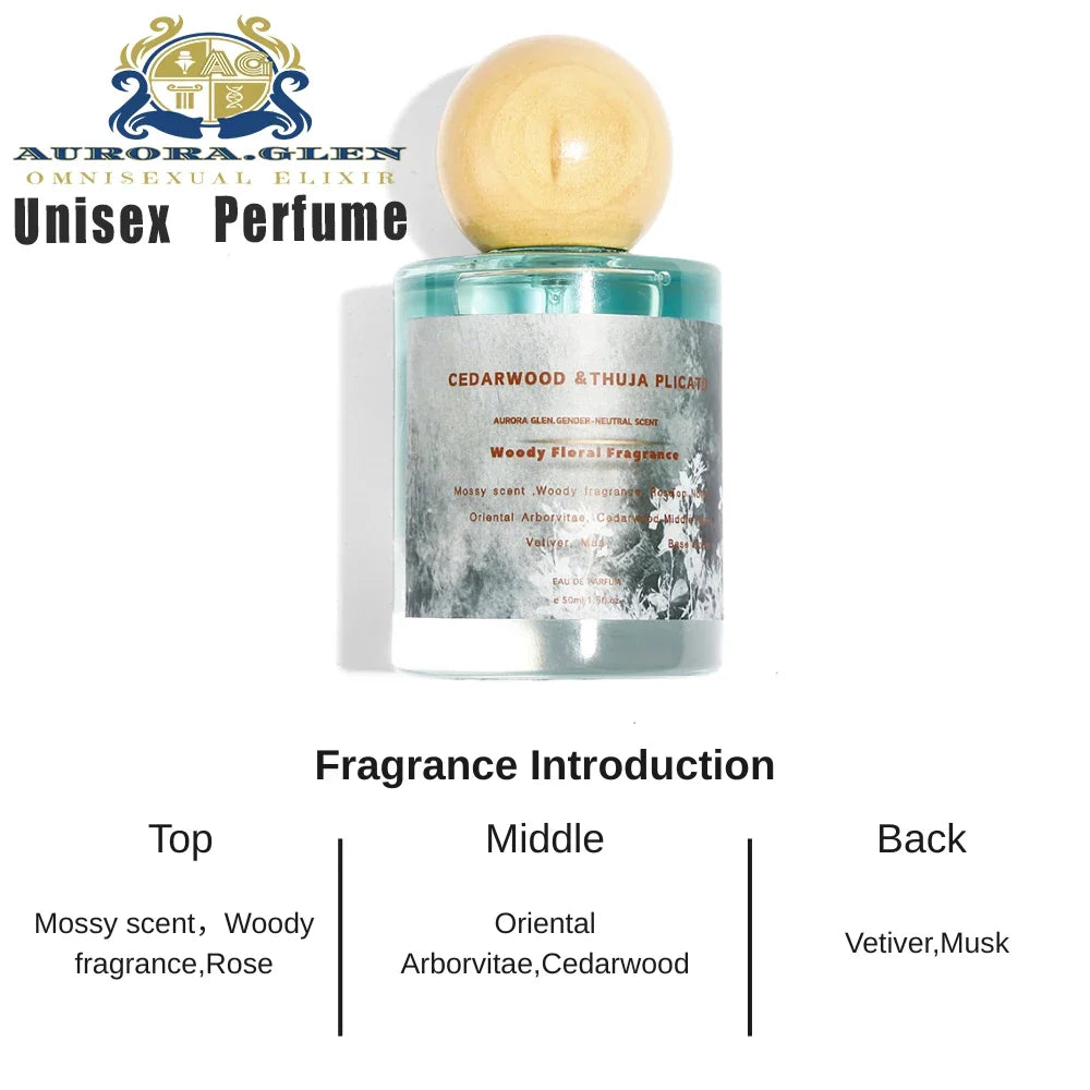 Aurora Glen unisex perfume bottle with turquoise liquid, round wooden cap, cedarwood & Thuja Plicata label on bottle on Tampa Home & Garden Store