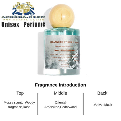Aurora Glen unisex perfume bottle with turquoise liquid, round wooden cap, cedarwood & Thuja Plicata label on bottle on Tampa Home & Garden Store
