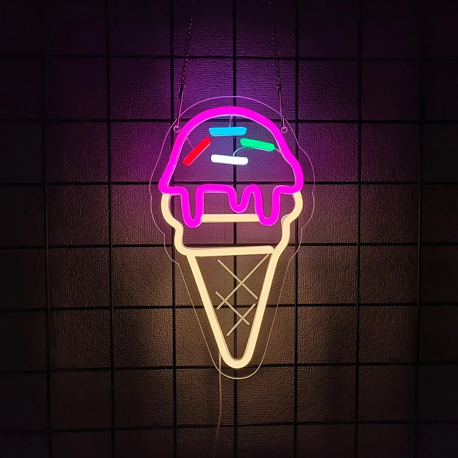 Dessert Series LED Neon Ice Cream Cone Sign by Perfecsy pink purple yellow glow cafe decor on Tampa Home & Garden Store