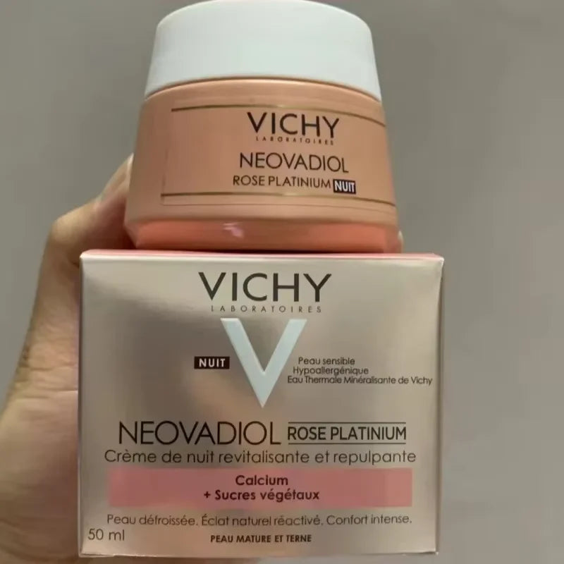 Vichy Neovadiol Rose Platinum Nuit night cream jar atop white box on Tampa Home & Garden Store