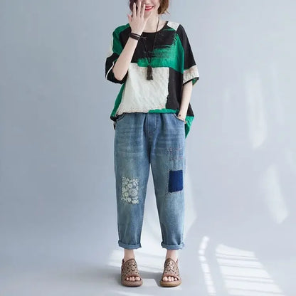 Women Summer T-shirt – Retro Loose Cotton-Linen Short Sleeve Top, colorblock green black white, UpTrend Deals, paired with patchwork denim jeans on Tampa Home & Garden Store