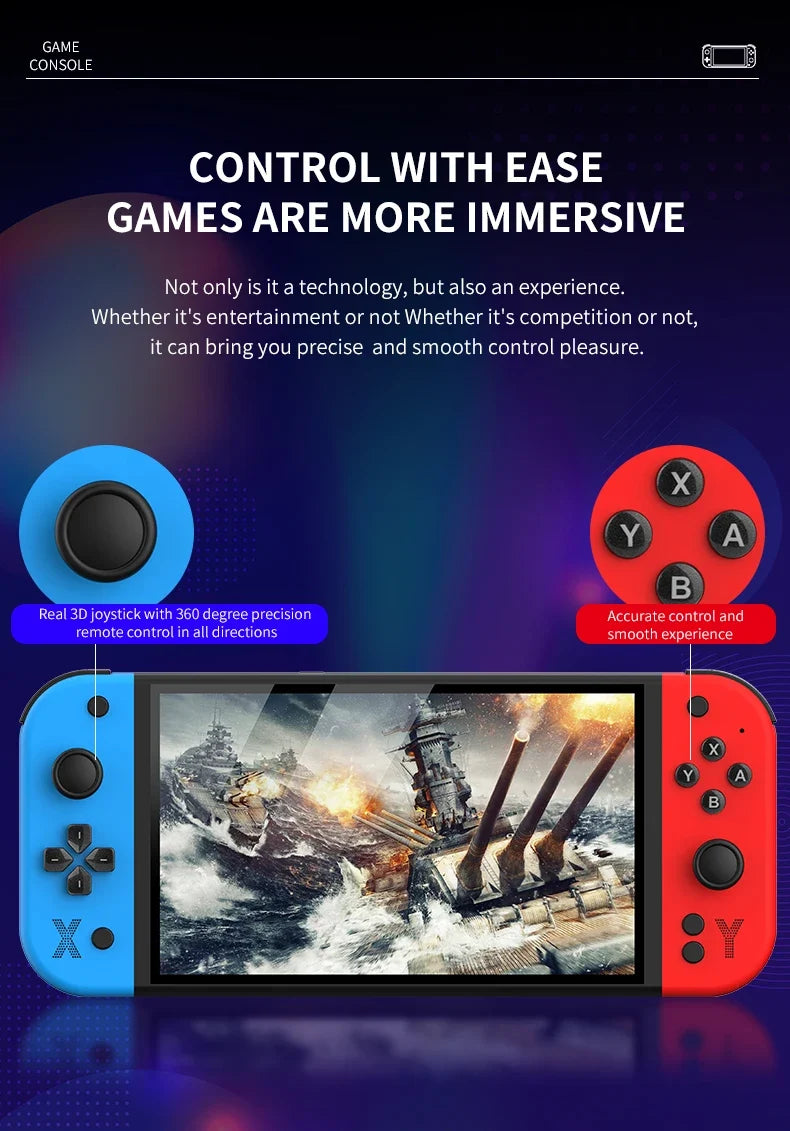 G90 handheld game console with blue and red controllers, 7-inch retro arcade on Tampa Home & Garden Store