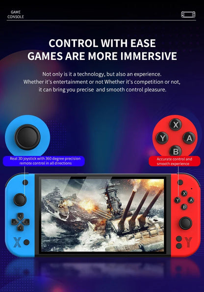 G90 handheld game console with blue and red controllers, 7-inch retro arcade on Tampa Home & Garden Store