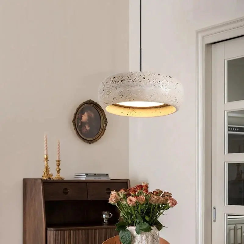 DecorBites LED pendant lamp Black Iron Wabi Sabi hanging light with yellow travertine interior on Tampa Home & Garden Store