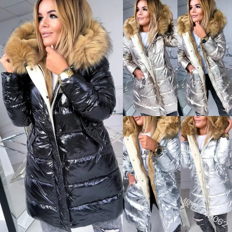 Women's puffer jacket with faux fur collar in black and metallic colorways by UpTrend Deals on Tampa Home & Garden Store