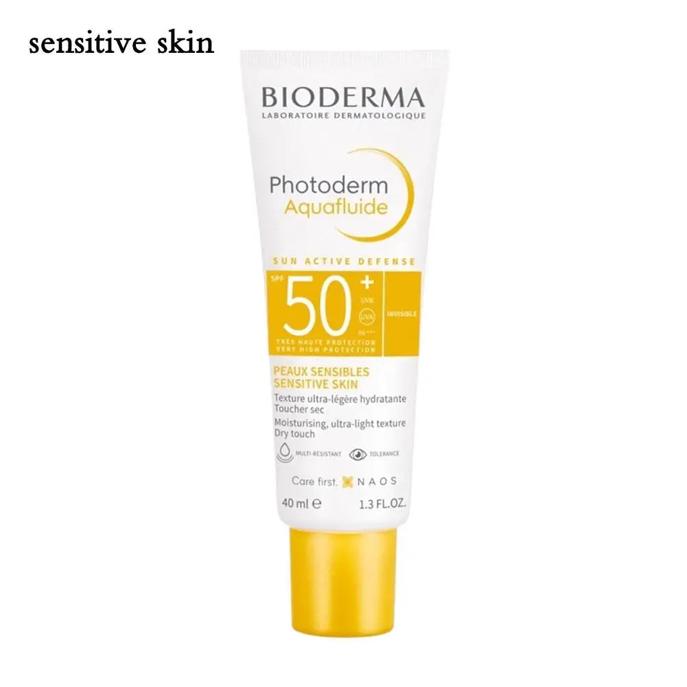 Bioderma Photoderm Aquafluide sunscreen tube SPF50+ sensitive skin, white body with yellow cap on Tampa Home & Garden Store