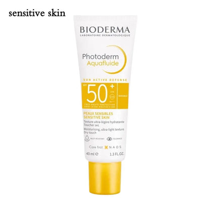 Bioderma Photoderm Aquafluide sunscreen tube SPF50+ sensitive skin, white body with yellow cap on Tampa Home & Garden Store