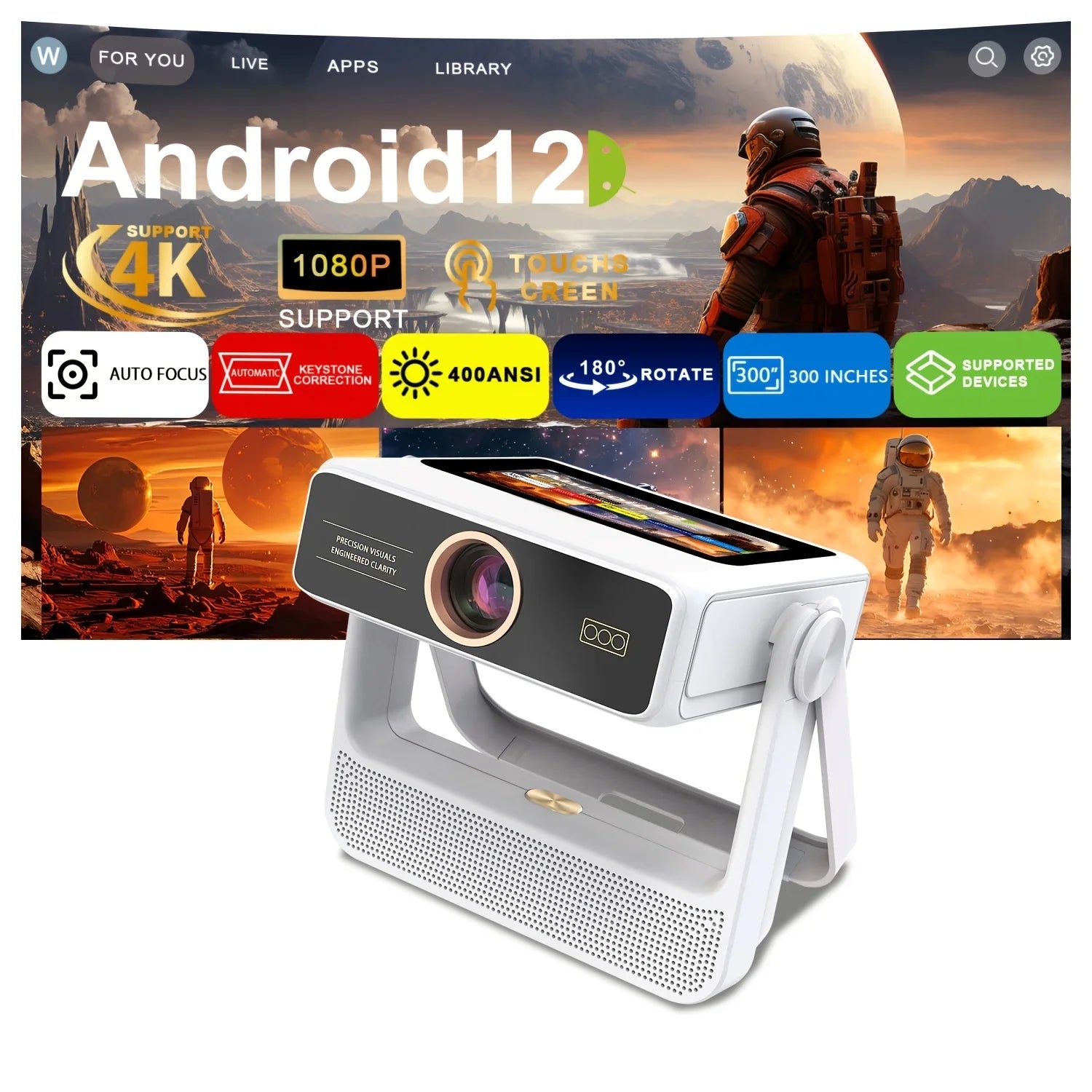 4K touch screen projector FLIPSTYLEZLLC, white portable with auto focus and WiFi Bluetooth on Tampa Home & Garden Store