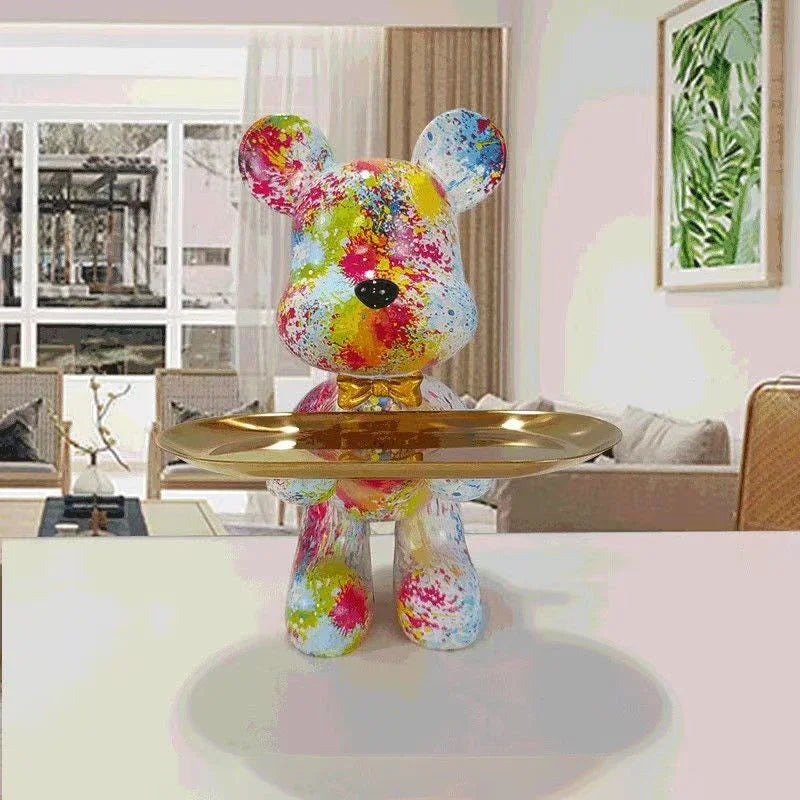 Graffiti bear figurine in multicolor paint holding a gold key tray for storage, Perfecsy decor on Tampa Home & Garden Store