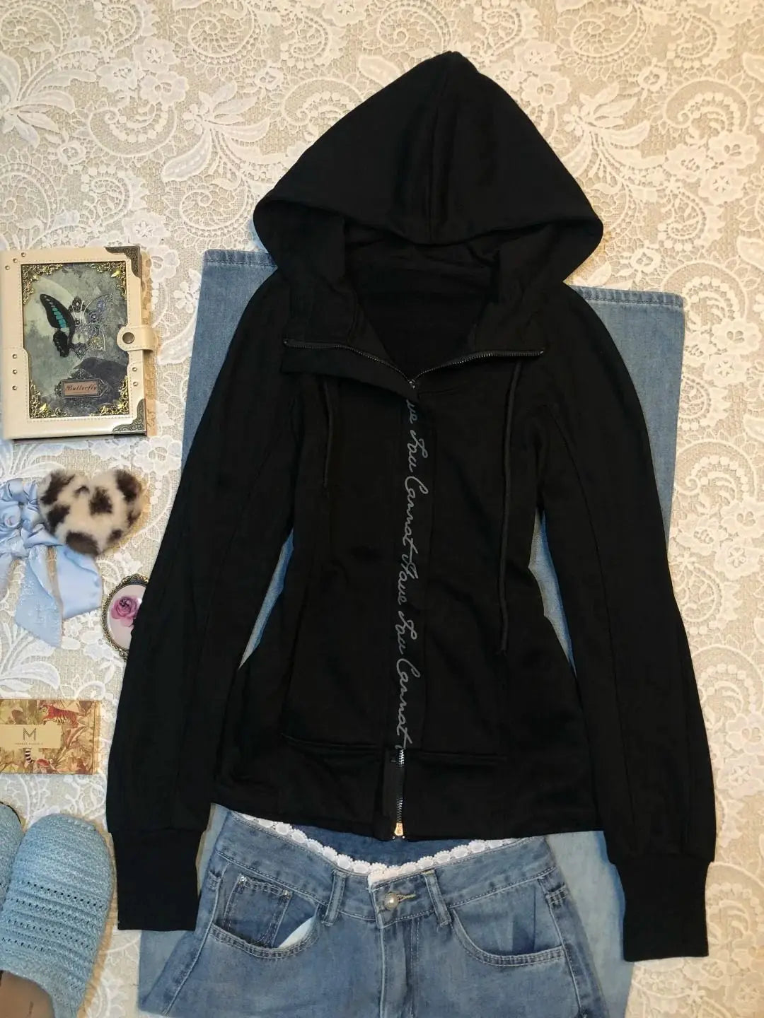 Harajuku Hooded Zip-Up Hoodie by UpTrend Deals, black Y2K goth punk zip jacket, on denim on Tampa Home & Garden Store