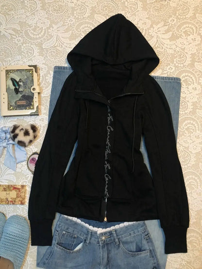 Harajuku Hooded Zip-Up Hoodie by UpTrend Deals, black Y2K goth punk zip jacket, on denim on Tampa Home & Garden Store