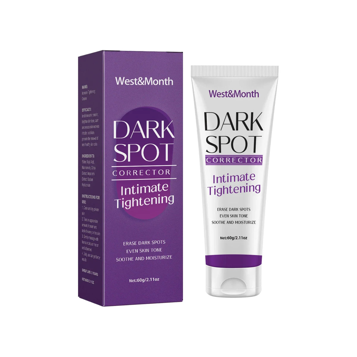 West&Month Dark Spot Corrector kit with purple box and white tube for intimate areas on Tampa Home & Garden Store