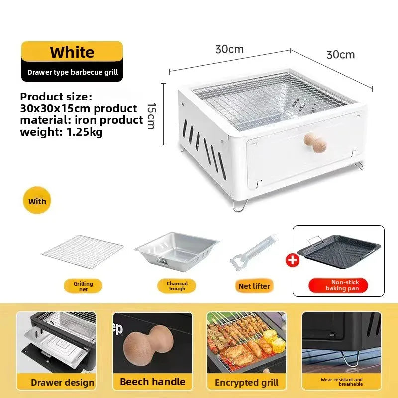 White portable charcoal grill, 30x30x15 cm iron body, FLIPSTYLEZLLC, grilling net and non-stick on Tampa Home & Garden Store