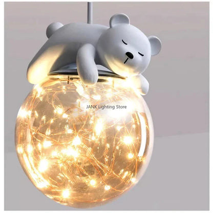DecorBites Kids Room LED Bear Bunny Pendant Light with white bear and glass globe lights on Tampa Home & Garden Store
