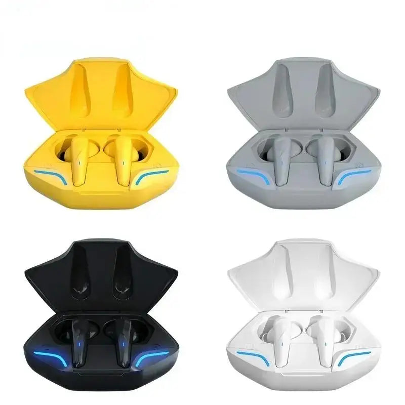 Wireless Bluetooth 9D stereo headset with mic in 4 variants and blue lit charging cases open on Tampa Home & Garden Store