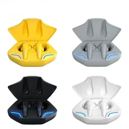 Wireless Bluetooth 9D stereo headset with mic in 4 variants and blue lit charging cases open on Tampa Home & Garden Store