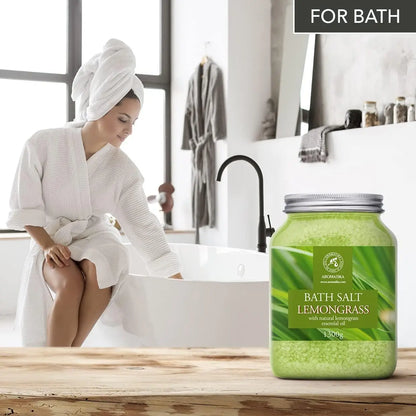 Bath salt lemongrass jar 1300g with green Aromatika label for bath aromatherapy on Tampa Home & Garden Store
