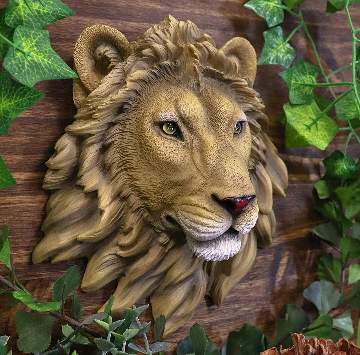 Perfecsy lion head wall decor statue with beige textured mane on wood backdrop on Tampa Home & Garden Store