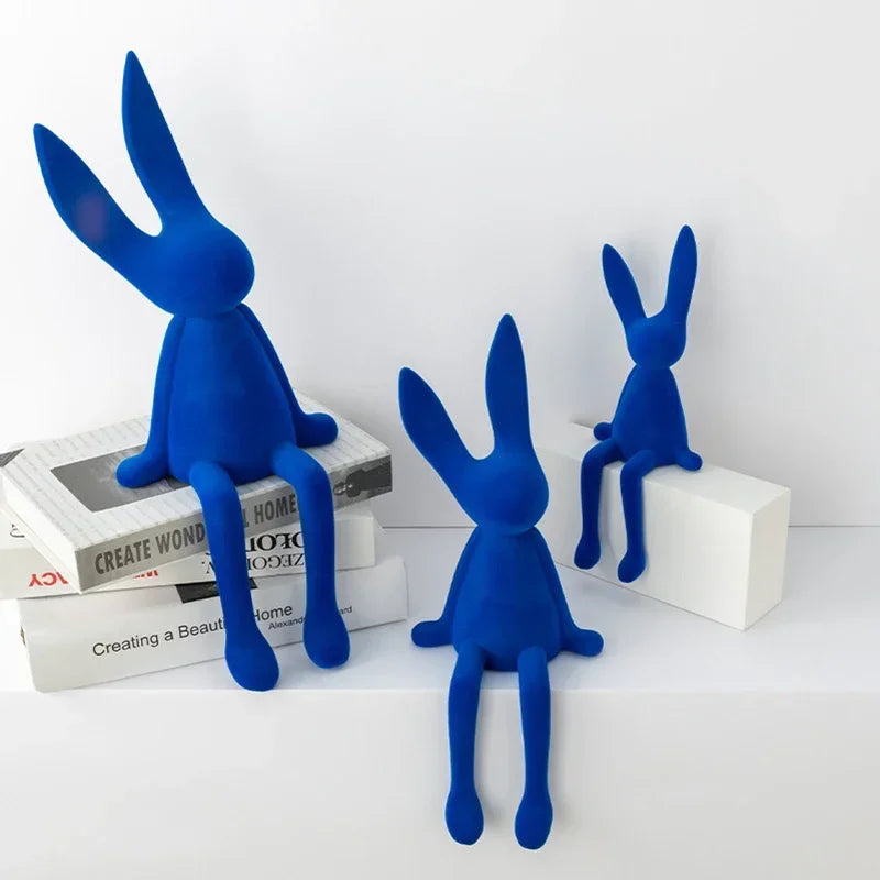 Blue resin flocked rabbit statue set of three by Perfecsy, bunny decor for Easter tabletop on Tampa Home & Garden Store