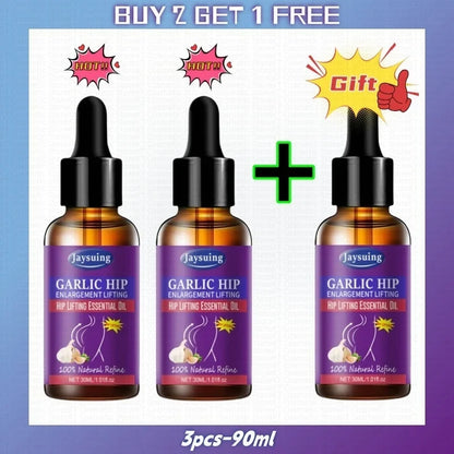 Garlic Hip Enlargement Essential Oil bottles by Jaysuing, 3x30ml amber glass with purple labels on promo image on Tampa Home & Garden Store