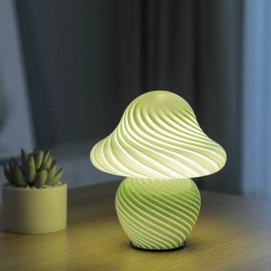 Mushroom LED lamp with striped green glass shade and ribbed base for bedroom decor on Tampa Home & Garden Store