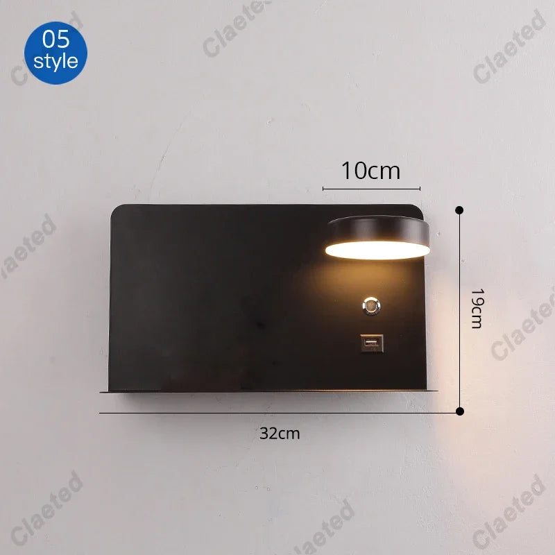 Black LED wall light with USB port and switch, 32x19x10cm, modern wall fixture on Tampa Home & Garden Store