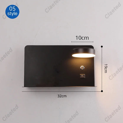 Black LED wall light with USB port and switch, 32x19x10cm, modern wall fixture on Tampa Home & Garden Store