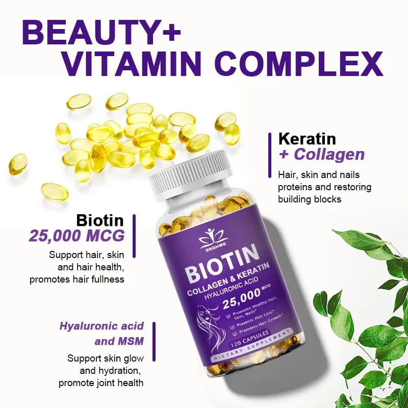 Biotin collagen & keratin supplement bottle Silcy Skin purple label yellow capsules on Tampa Home & Garden Store