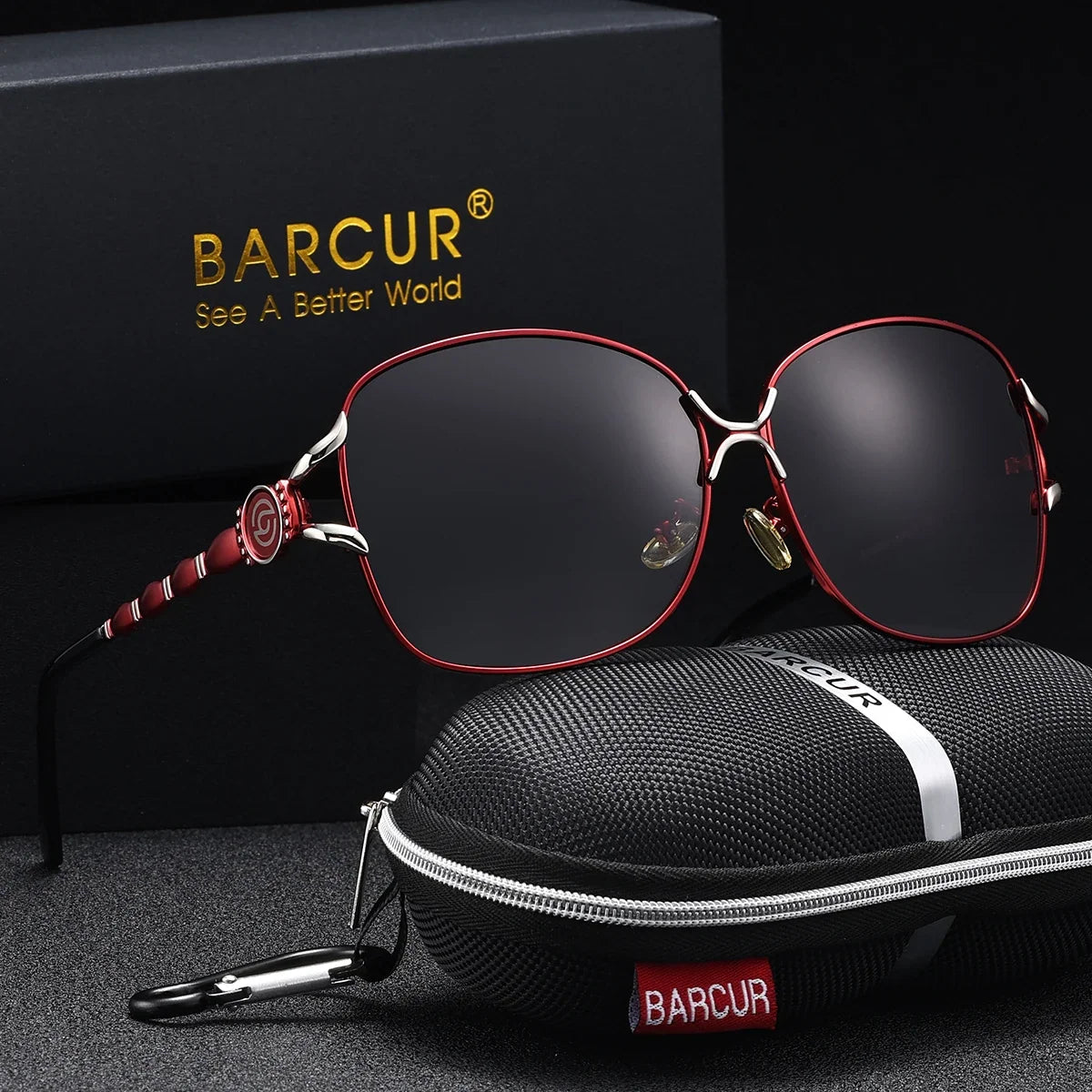 BARCUR polarized sunglasses oversized elliptical red frame with mirrored lenses UV400 protection on Tampa Home & Garden Store