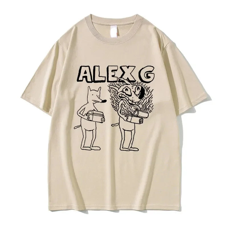 Women's Summer Casual T-Shirt beige tee with black lineart two cartoon dogs ALEX G front on Tampa Home & Garden Store
