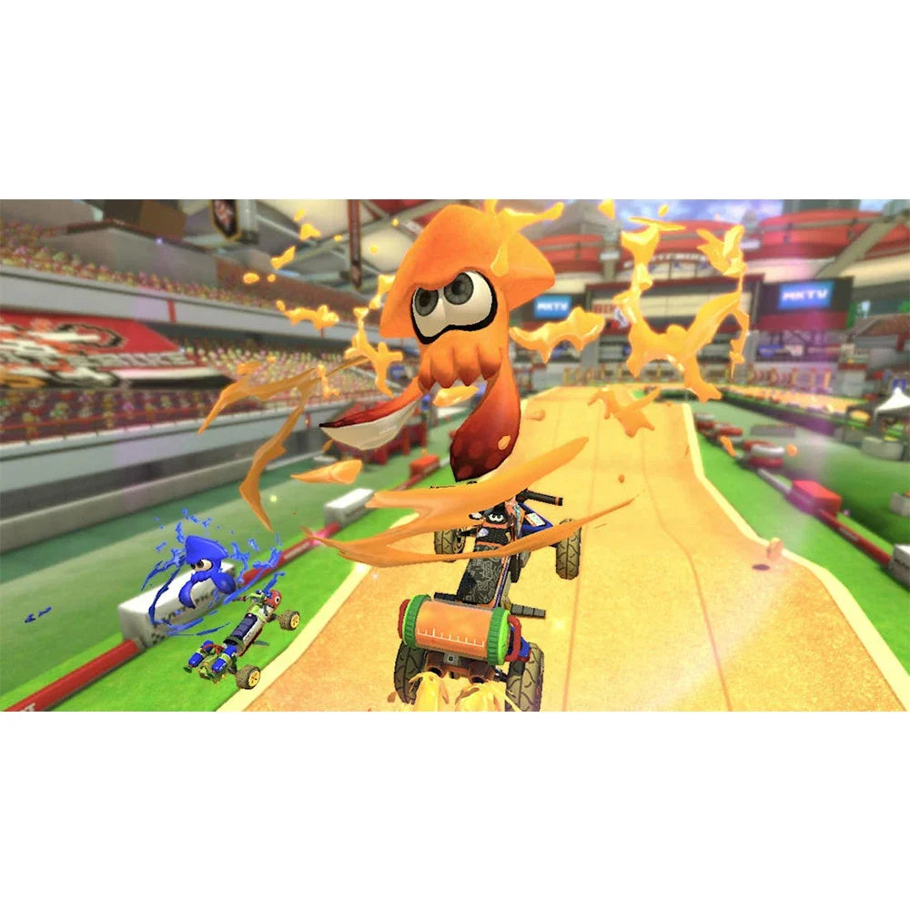 Nintendo Switch Mario Kart 8 Deluxe gameplay on a colorful track with orange squid racer on Tampa Home & Garden Store